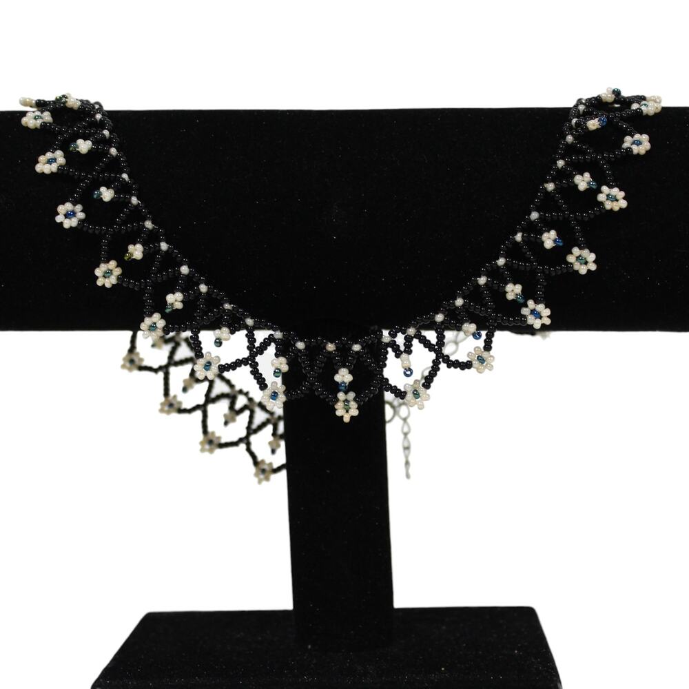 Handmade Collar Length Beaded Necklace Black & Cream